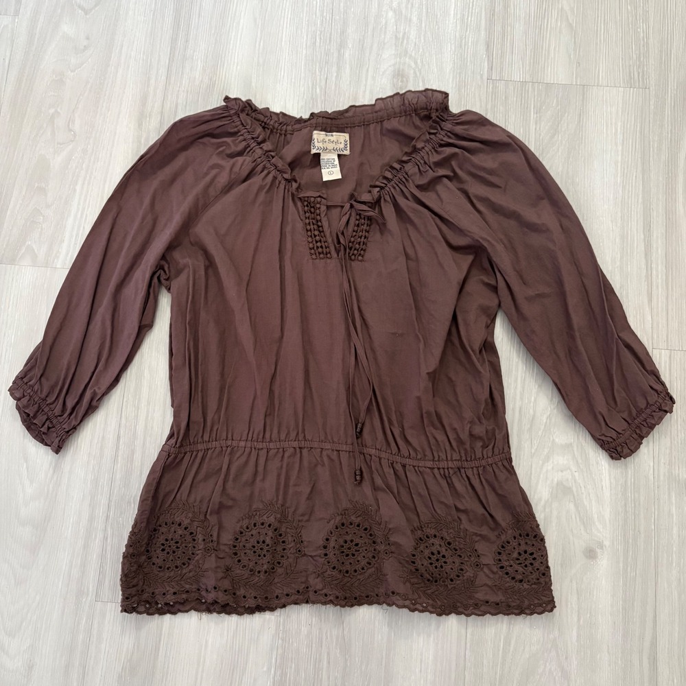 Life Style Women Blouse Brown Cotton Peasant Blouse Crochet Boho Top Free Size L